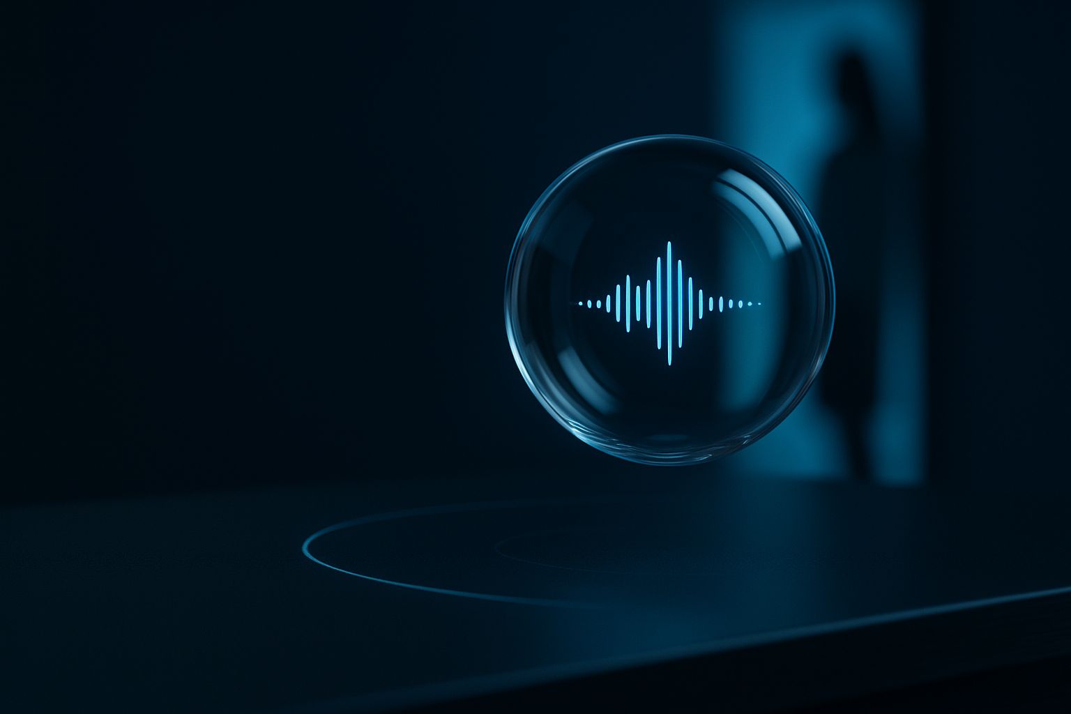 A glowing glass voice-orb wrapped in cyan sound-wave arcs, hovering above a dark command surface.